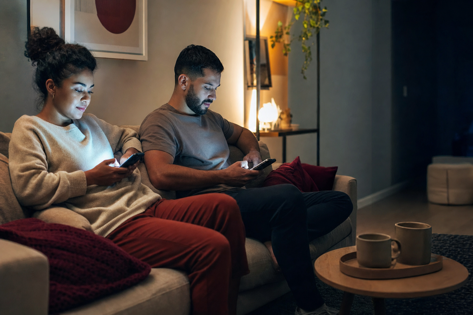 Pareja viviendo una noche común, cada uno mirando su celular